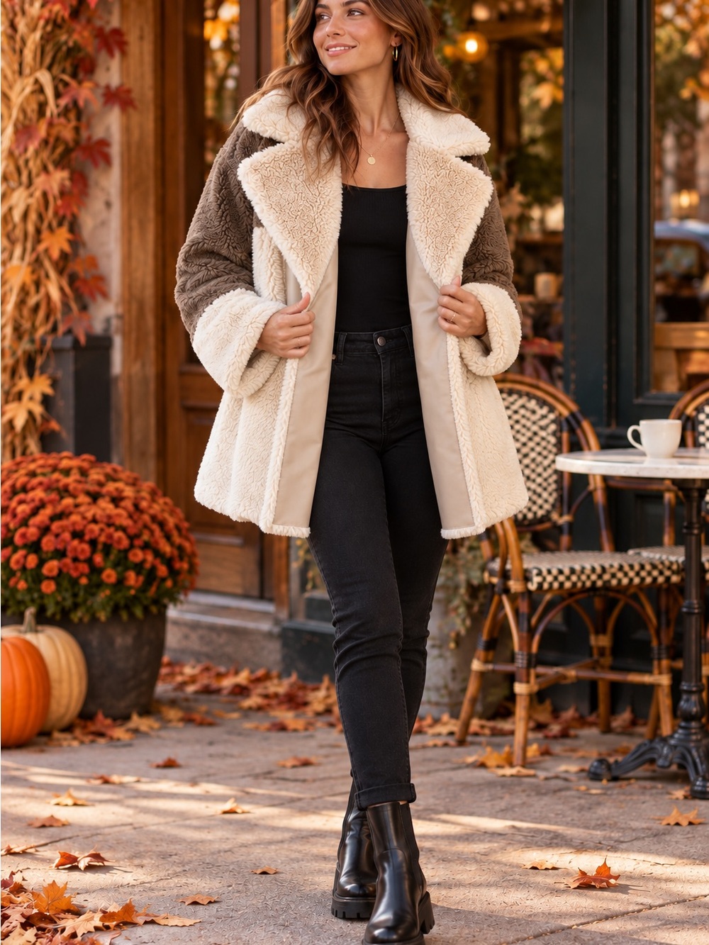 Steve Madden Colorblock Teddy Coat Cream Taupe Brown Size M Retro